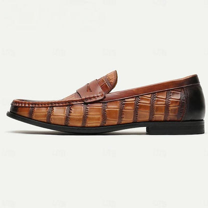 Men's Premium Cowhide Leather Crocodile Pattern Penny Loafers