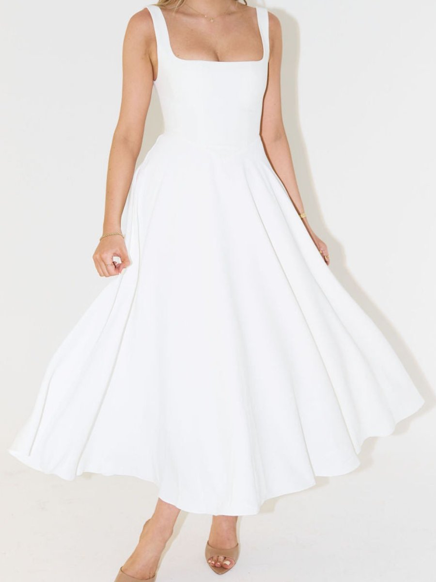 High Waisted Square Collar Mid-length Dress