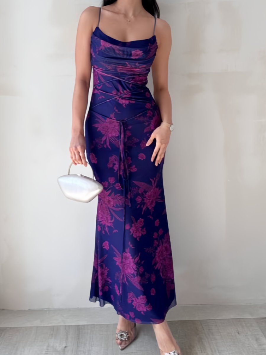 Purple Printed Strappy Halter Midi Dress