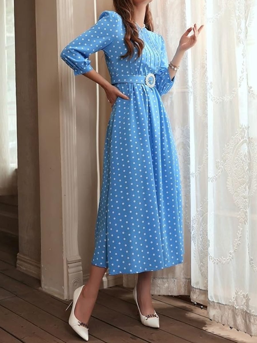 Long Sleeve Round Neck Printed Puff Sleeve Maxi Dress