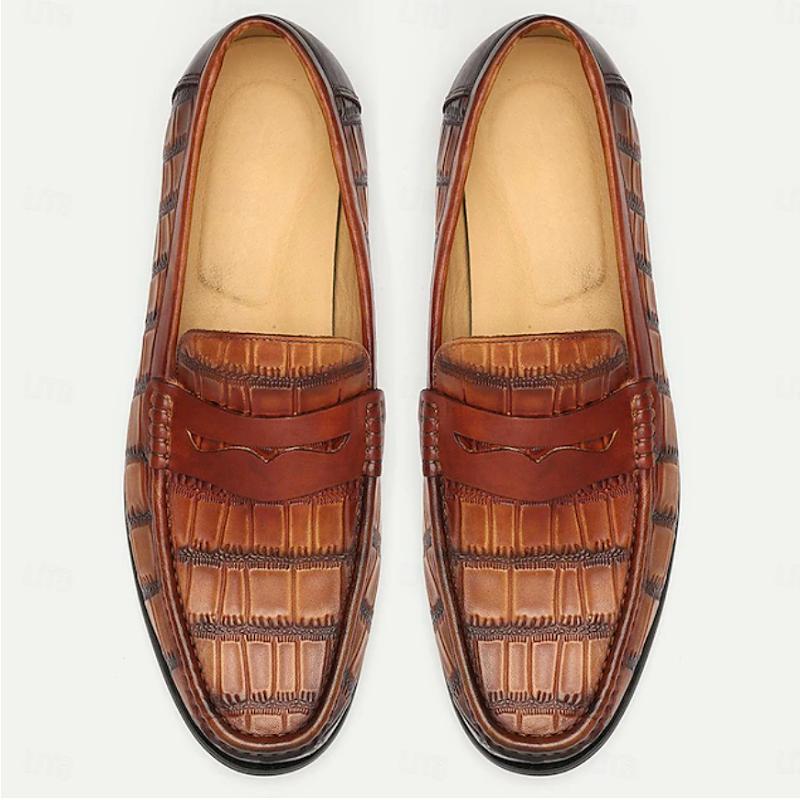 Men's Premium Cowhide Leather Crocodile Pattern Penny Loafers