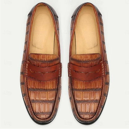 Men's Premium Cowhide Leather Crocodile Pattern Penny Loafers