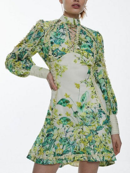 Green Stand Collar Lantern Sleeve Printed Dress