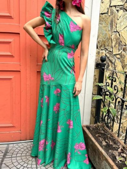 One-Shoulder Printed Maxi Dress