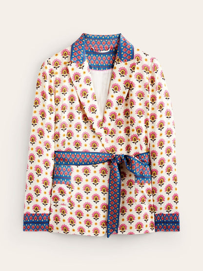 Printed Satin Belted Two-Piece Suit