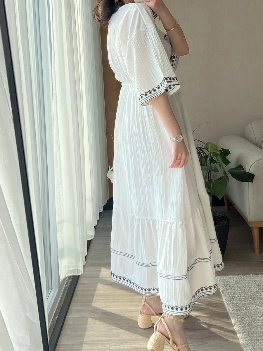 Elegant V-neck Embroidered Midi Dress