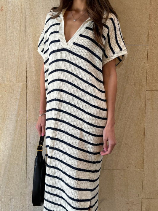 Striped V-neck Knit  Midi Dress