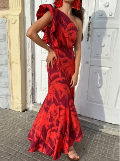 One-Shoulder Printed Maxi Dress