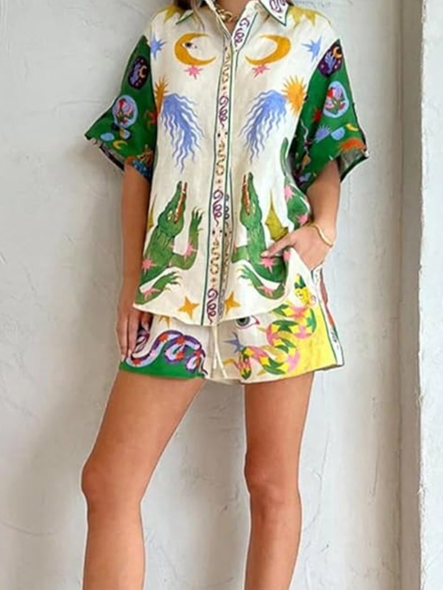 Women's Printed Drawstring Shorts Suit