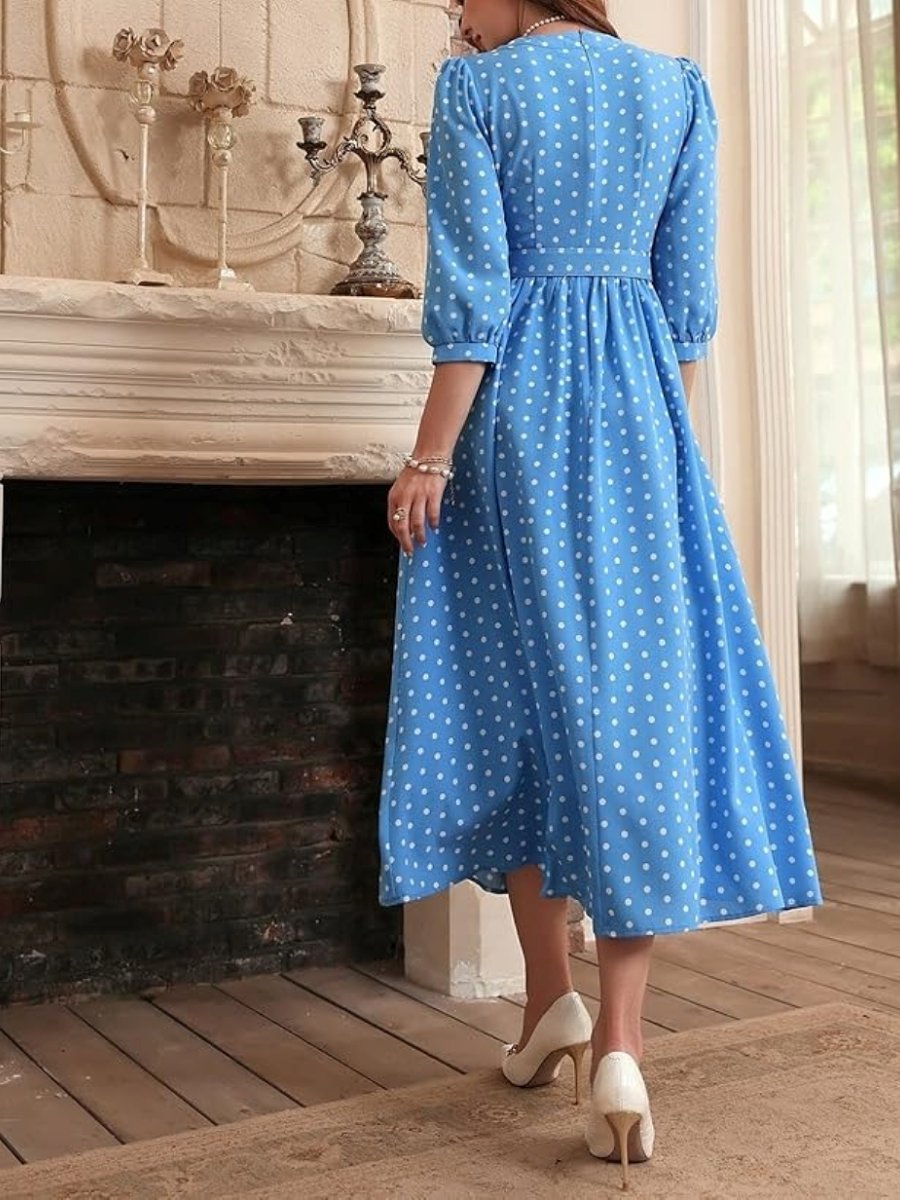 Long Sleeve Round Neck Printed Puff Sleeve Maxi Dress