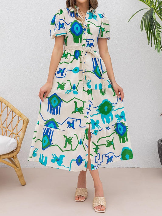 Green Print Summer Midi Dress