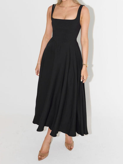 High Waisted Square Collar Mid-length Dress