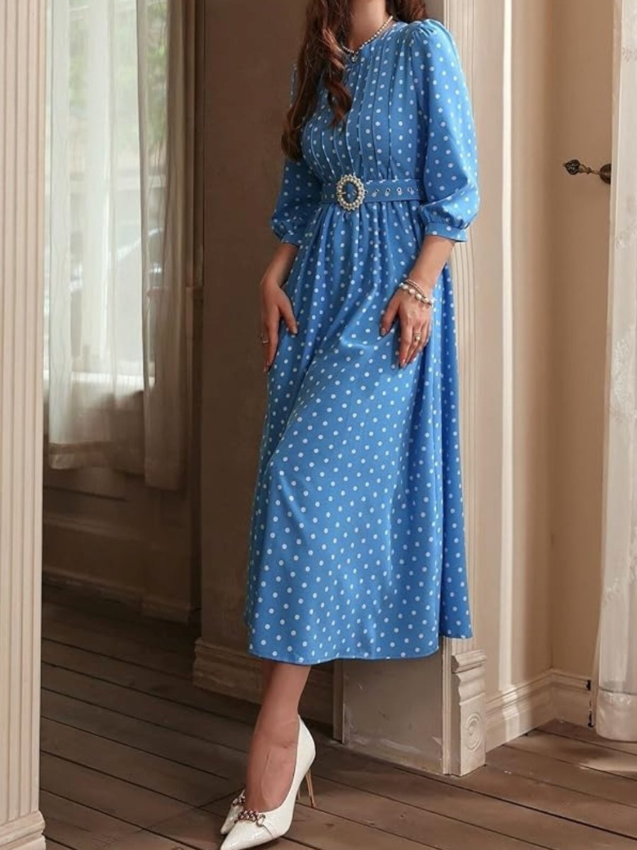 Long Sleeve Round Neck Printed Puff Sleeve Maxi Dress