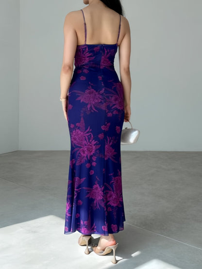 Purple Printed Strappy Halter Midi Dress