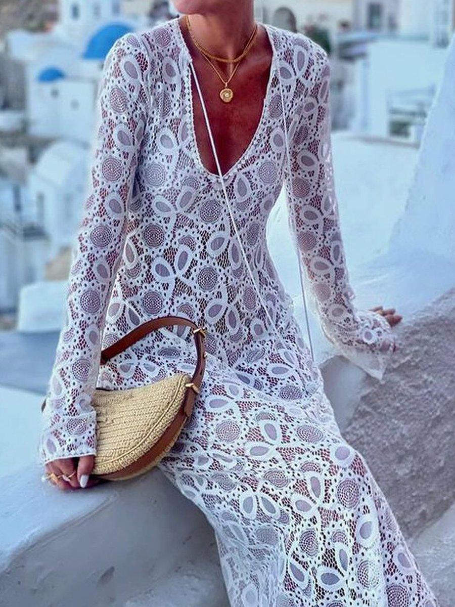 Long Sleeve Slit Hem Lace Dress