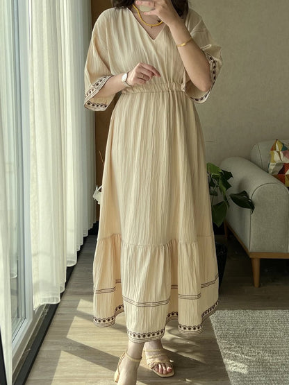 Elegant V-neck Embroidered Midi Dress