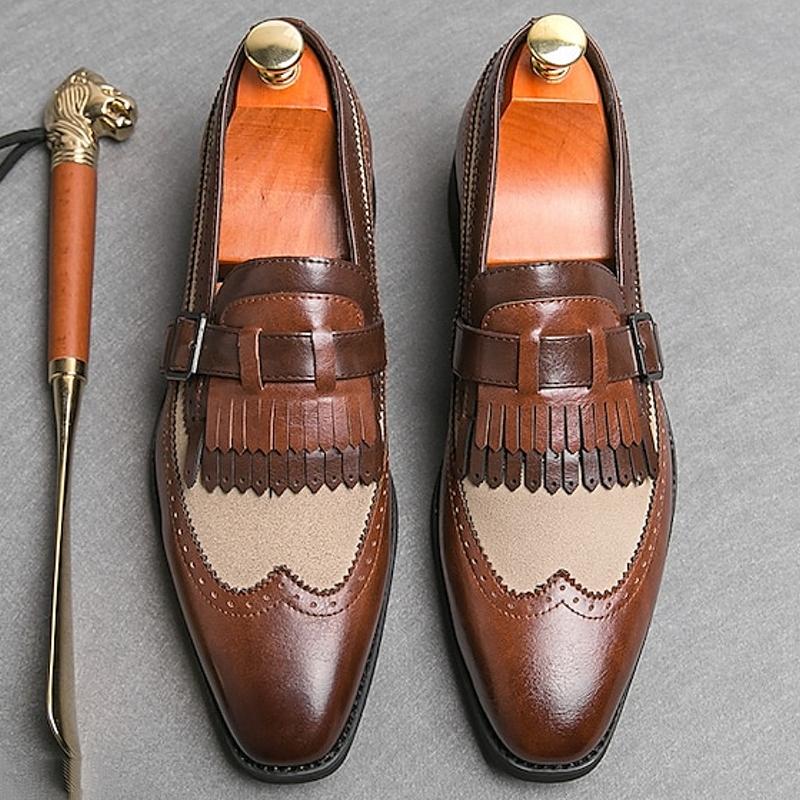 Men's Retro Faux Buckle And Fringe Leather Loafers