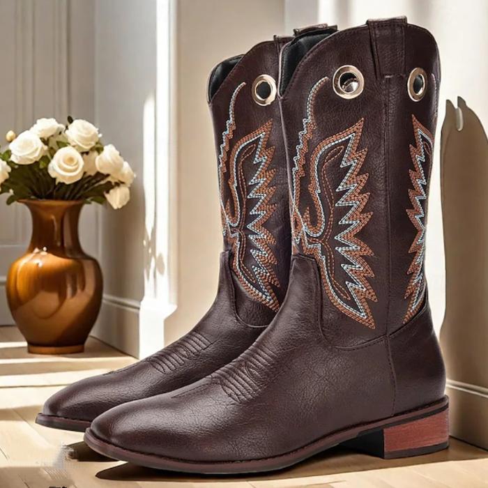 Men's Brown Western Cowboy Boots With Embroidered Detailing & Metal Eyelets