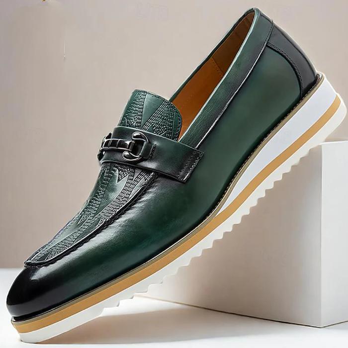 Slip-On Men's Leather Loafers With Metal Buckle