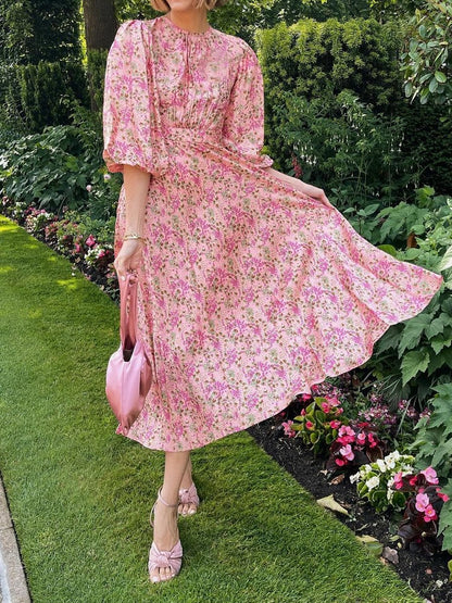 Pink Floral Medium Sleeve Dress