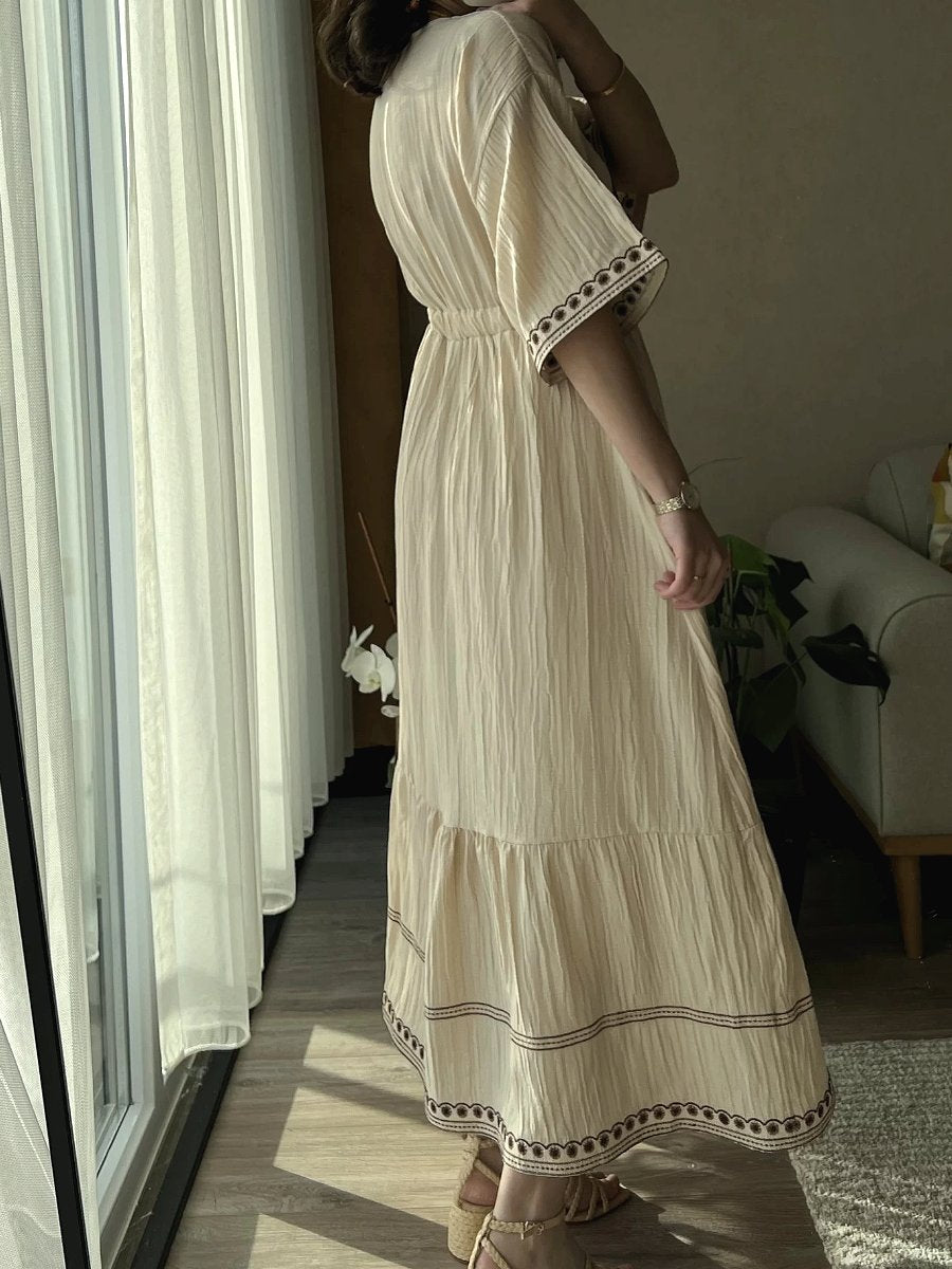 Elegant V-neck Embroidered Midi Dress