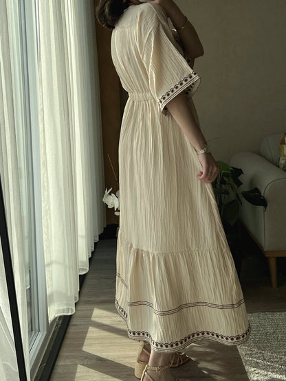 Elegant V-neck Embroidered Midi Dress