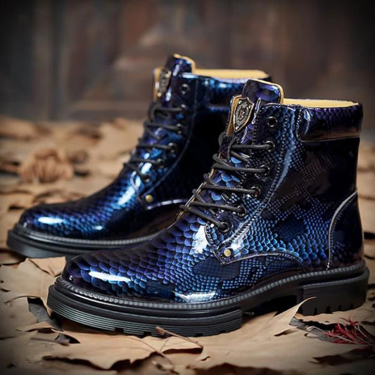 Men's Python-Print Patent Leather Ankle Boots With Lace-Up Design