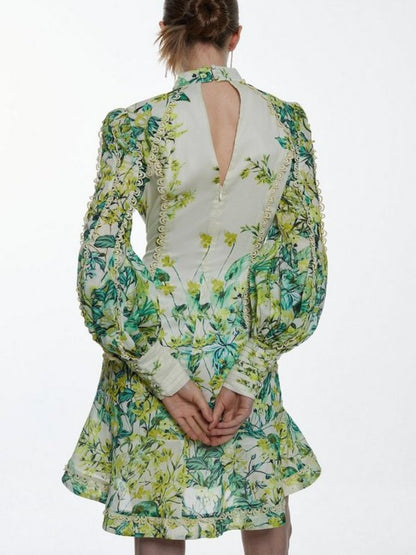 Green Stand Collar Lantern Sleeve Printed Dress