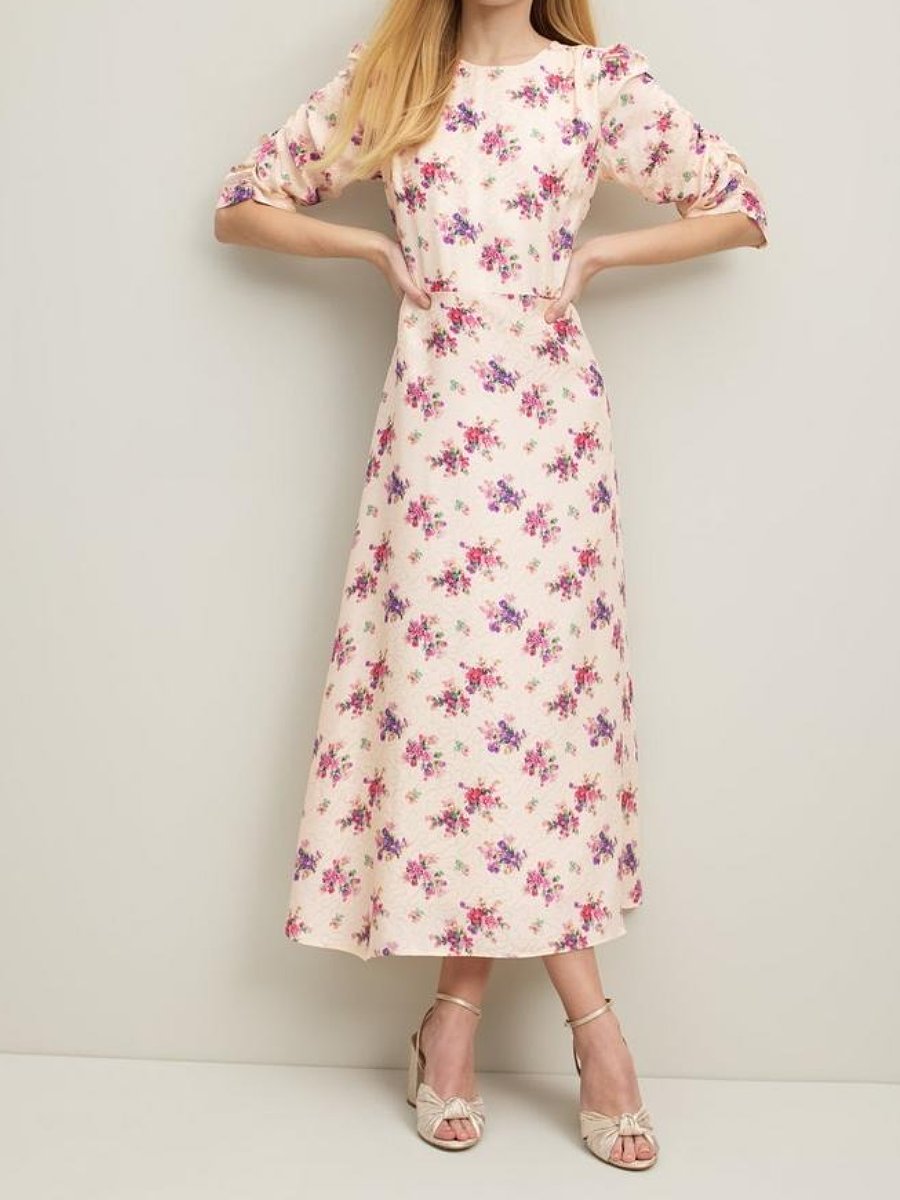 Bouquet Print Silk Jacquard Dress