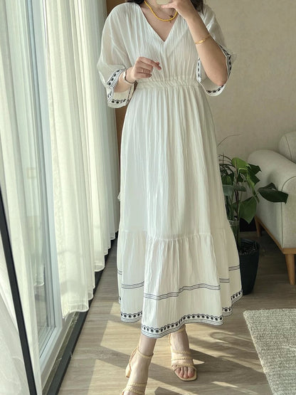 Elegant V-neck Embroidered Midi Dress