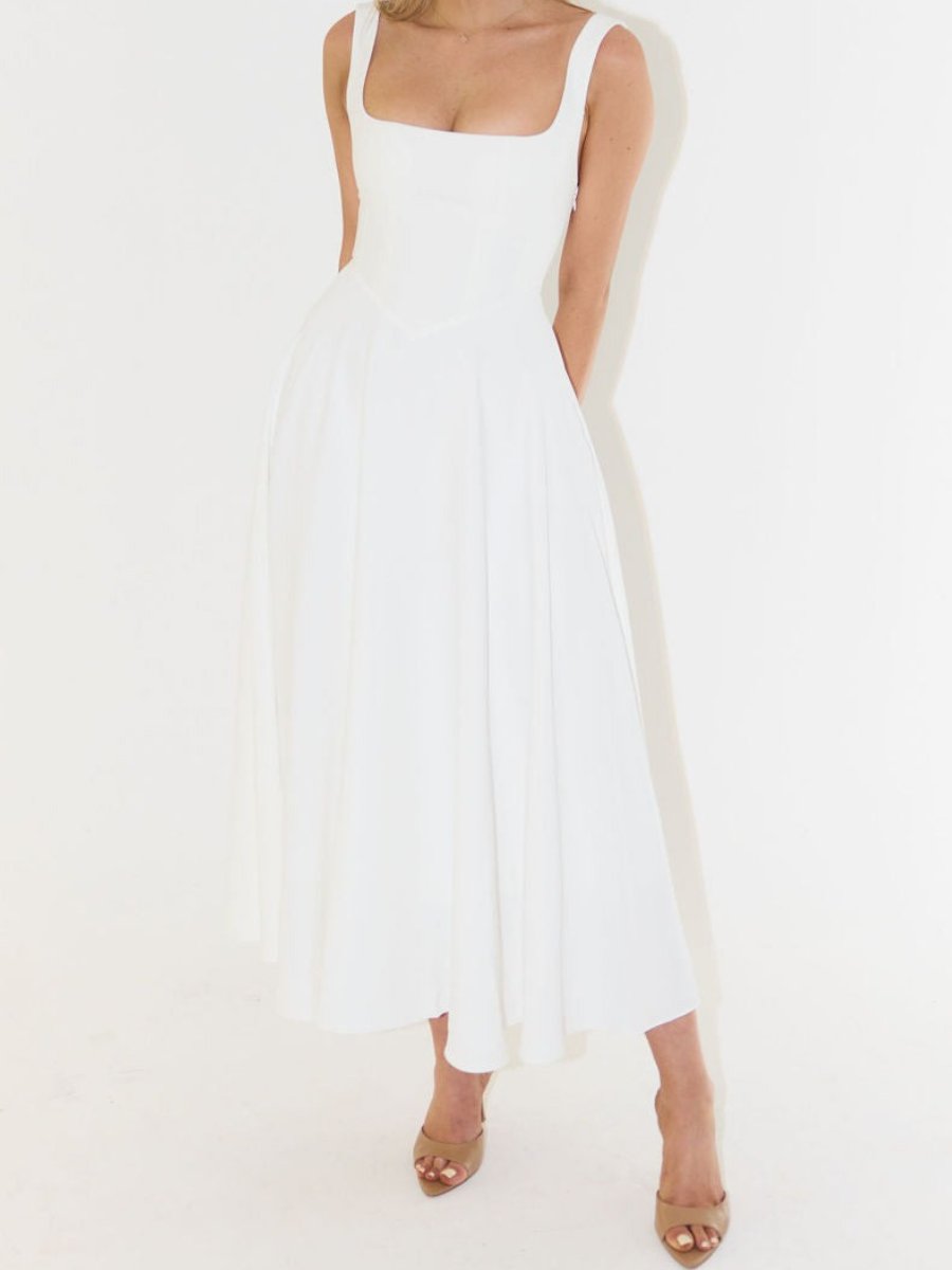 High Waisted Square Collar Mid-length Dress