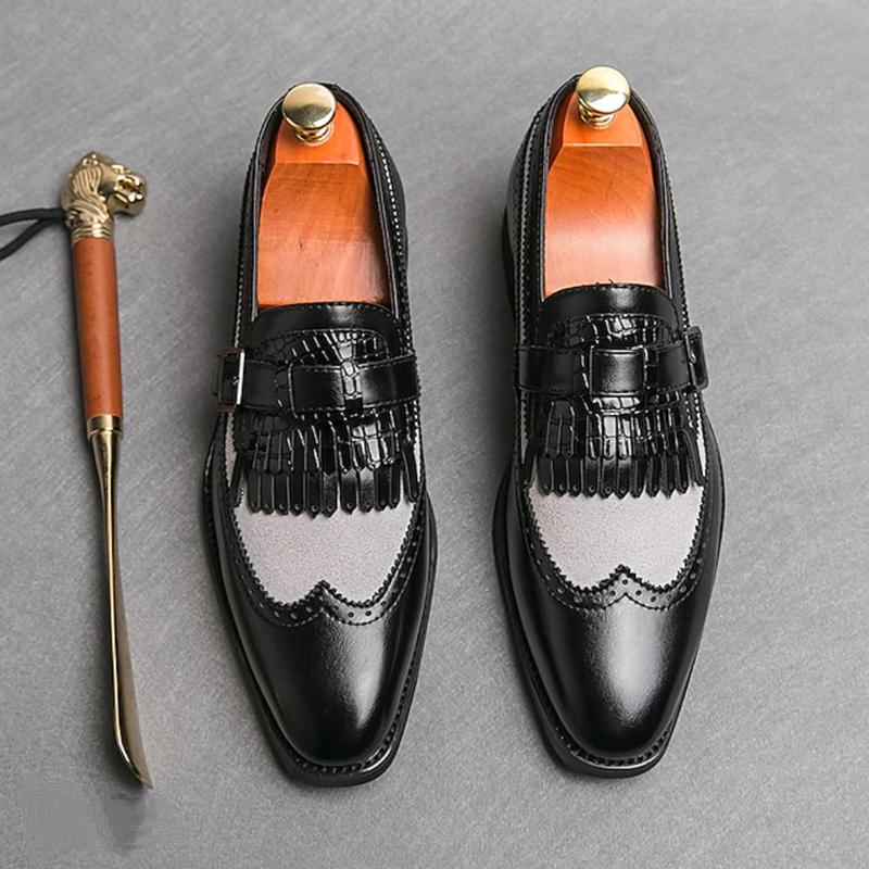 Men's Retro Faux Buckle And Fringe Leather Loafers