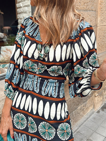 V-neck Elegant Printed Midi Dress