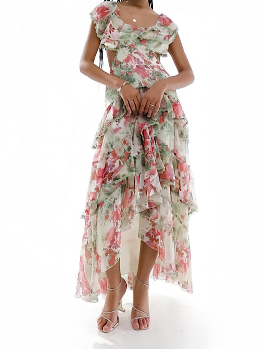 Floral Printed Tiered Hem Lace Trimmed Midi Dress