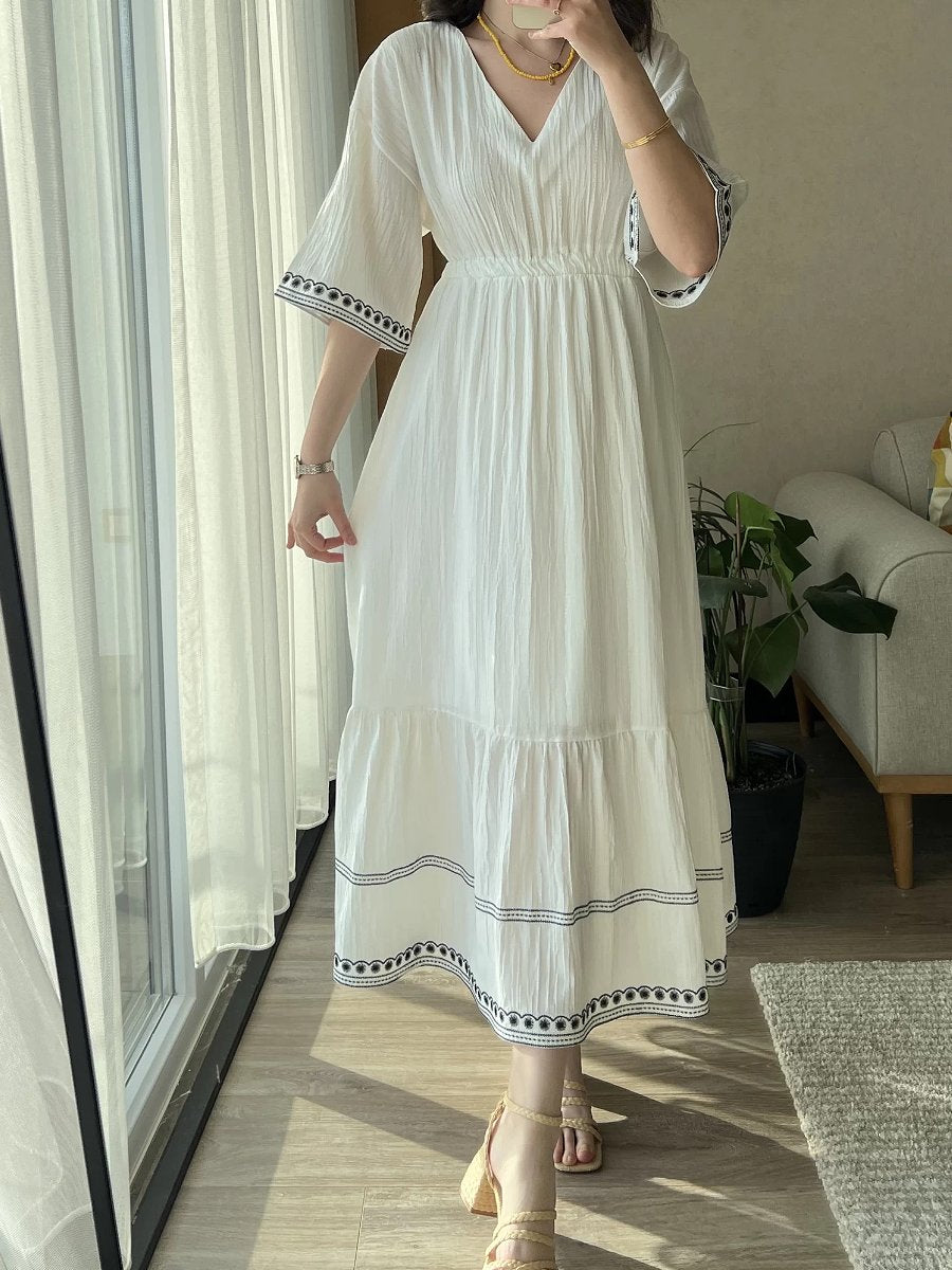 Elegant V-neck Embroidered Midi Dress