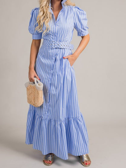 Light Blue Striped Shirt Maixi Dress