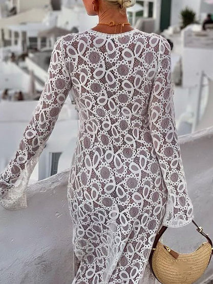 Long Sleeve Slit Hem Lace Dress