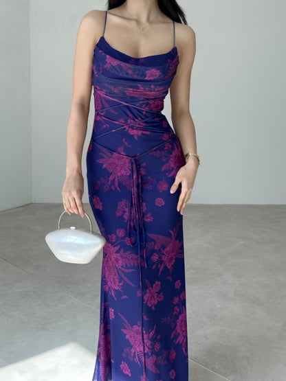 Purple Printed Strappy Halter Midi Dress