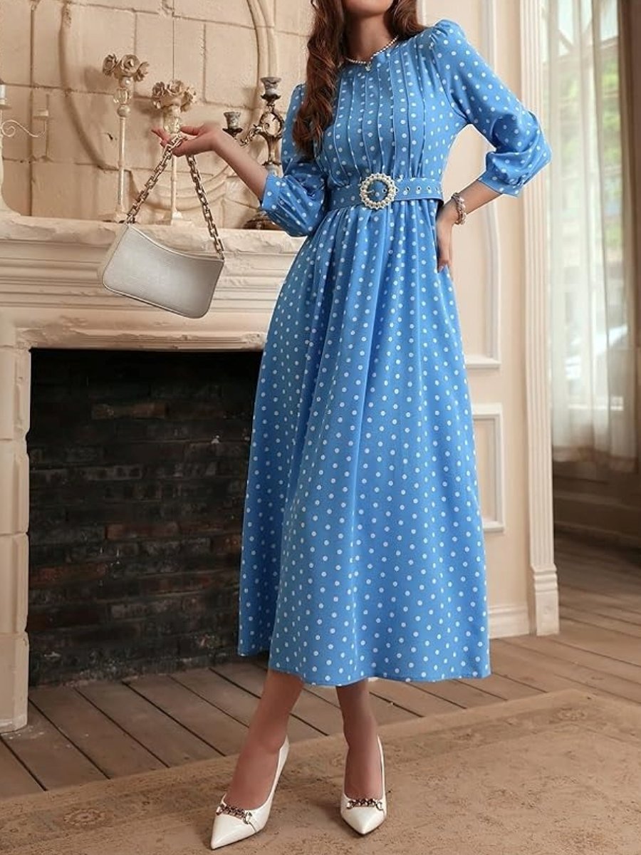 Long Sleeve Round Neck Printed Puff Sleeve Maxi Dress