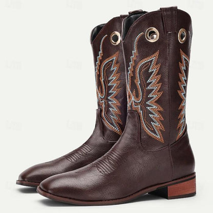 Men's Brown Western Cowboy Boots With Embroidered Detailing & Metal Eyelets