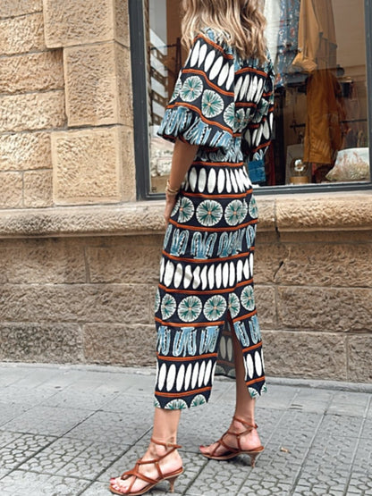 V-neck Elegant Printed Midi Dress