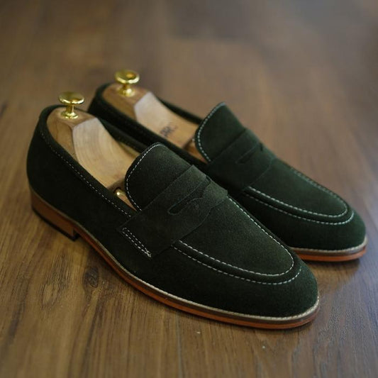 Olive Suede Leather Penny Loafers