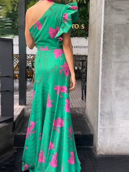 One-Shoulder Printed Maxi Dress