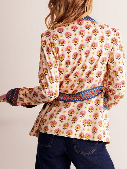 Printed Satin Belted Two-Piece Suit